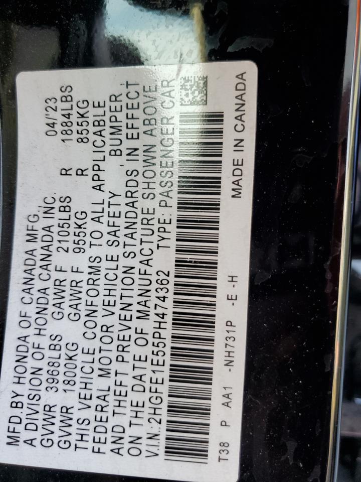 2023 HONDA CIVIC SI VIN:2HGFE1E55PH474362