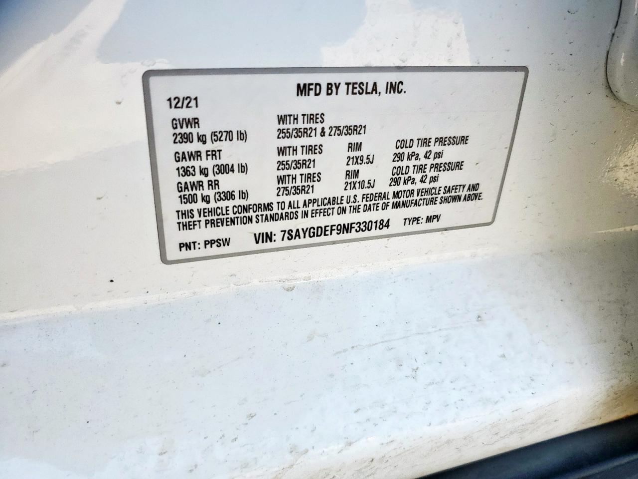 2022 TESLA MODEL Y VIN:7SAYGDEF9NF330184