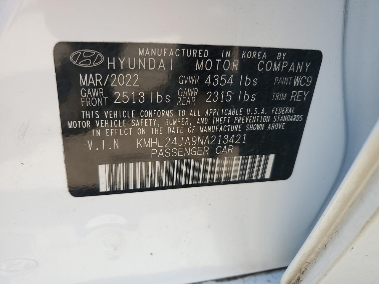 2022 HYUNDAI SONATA SE VIN:KMHL24JA9NA213421