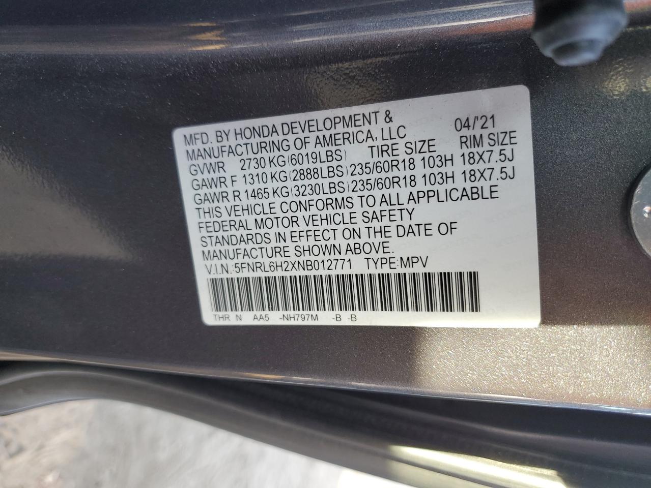 2022 HONDA ODYSSEY LX VIN:5FNRL6H2XNB012771