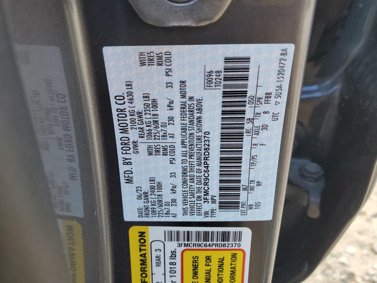 2023 FORD BRONCO SPORT OUTER BANKS VIN:3FMCR9C64PRD82370