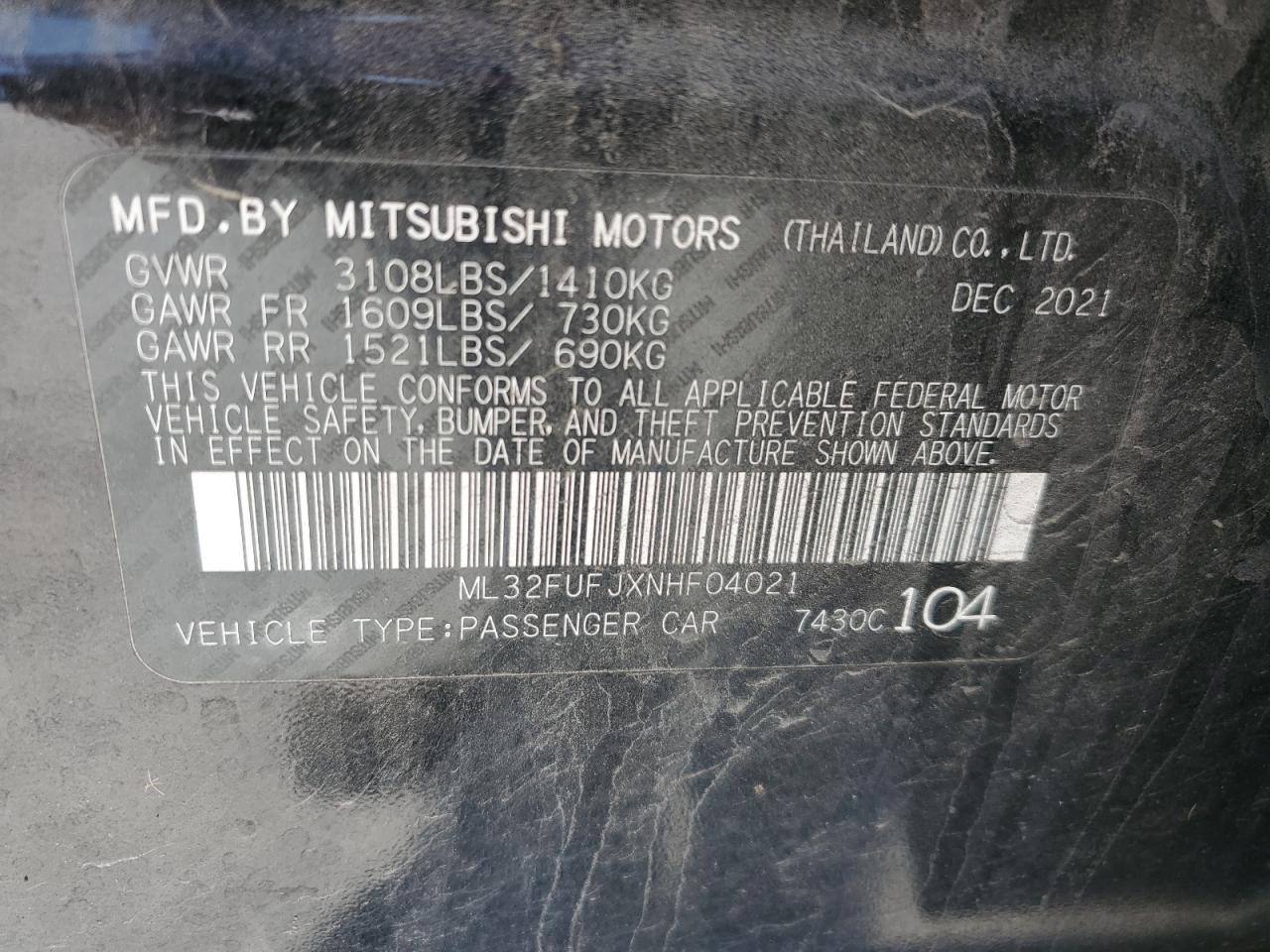 2022 MITSUBISHI MIRAGE G4 ES VIN:ML32FUFJXNHF04021