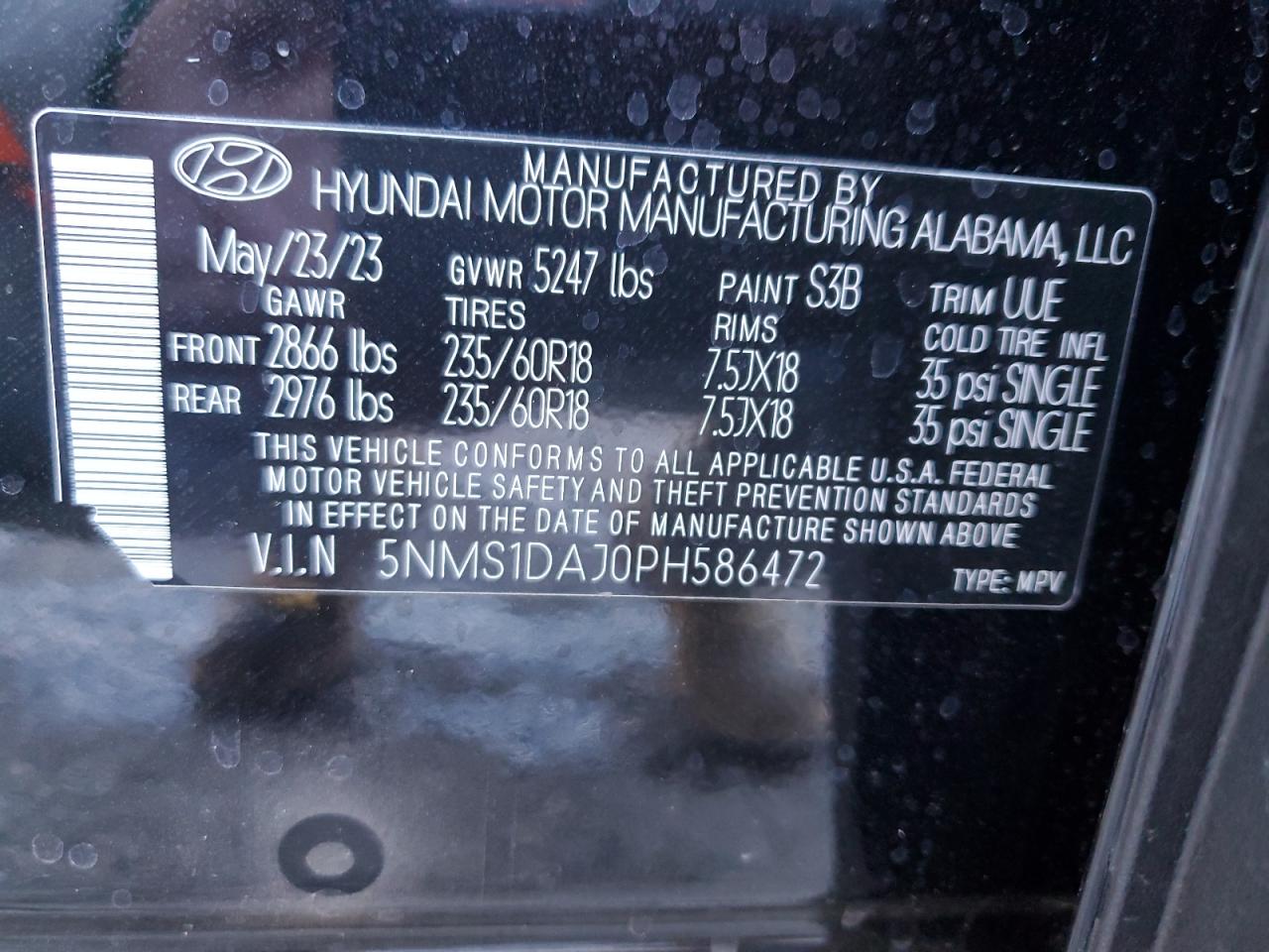 2023 HYUNDAI SANTA FE SE VIN:5NMS1DAJ0PH586472