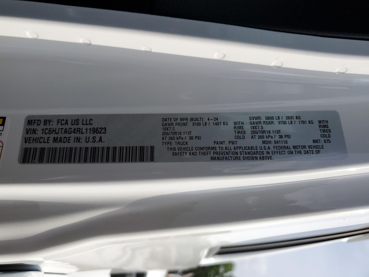 2024 JEEP GLADIATOR SPORT VIN:1C6HJTAG4RL119623