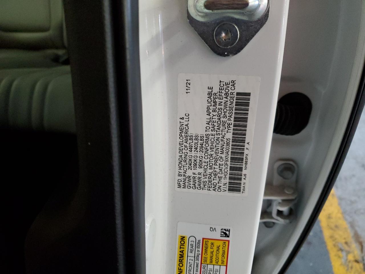 2022 HONDA ACCORD TOURING HYBRID VIN:1HGCV3F9XNA003805