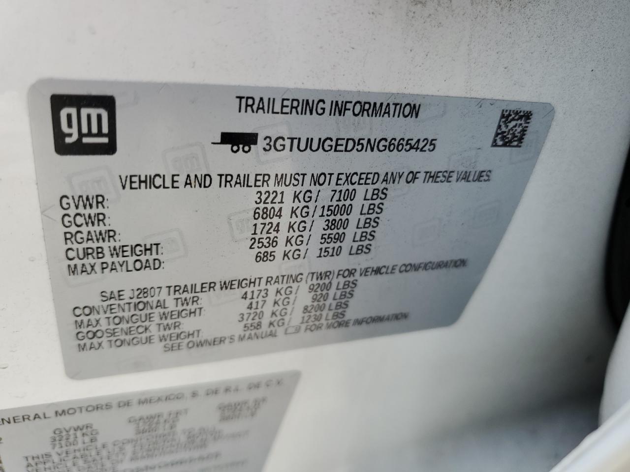 2022 GMC SIERRA K1500 DENALI VIN:3GTUUGED5NG665425