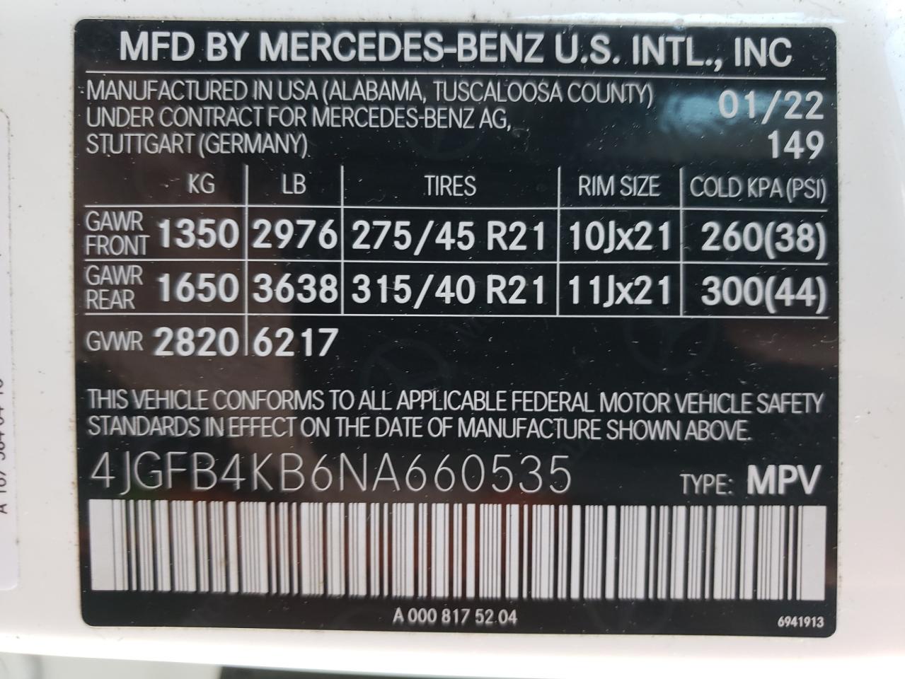 2022 MERCEDES-BENZ GLE 350 4MATIC VIN:4JGFB4KB6NA660535