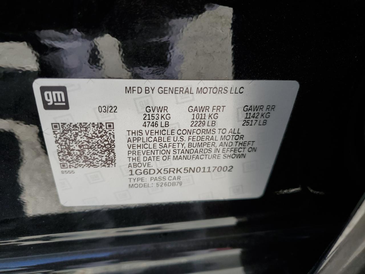 2022 CADILLAC CT5 LUXURY VIN:1G6DX5RK5N0117002