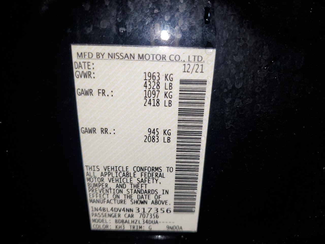 2022 NISSAN ALTIMA SV VIN:1N4BL4DV4NN317356