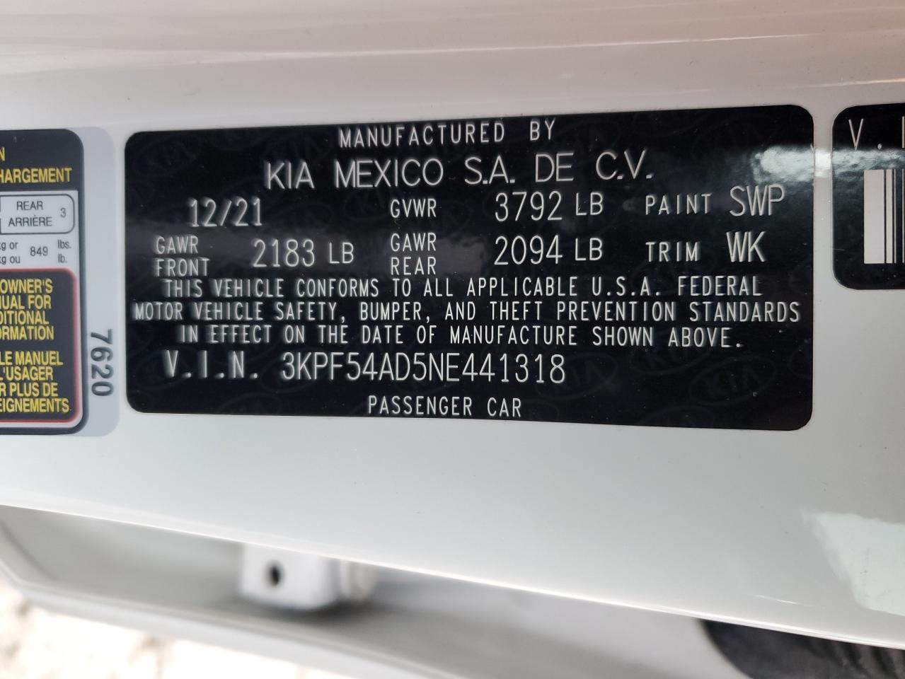 2022 KIA FORTE GT LINE VIN:3KPF54AD5NE441318