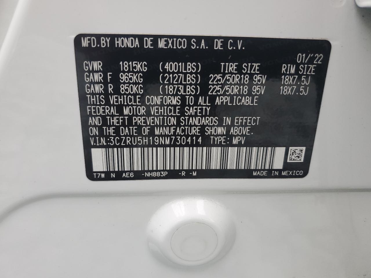 2022 HONDA HR-V SPORT VIN:3CZRU5H19NM730414