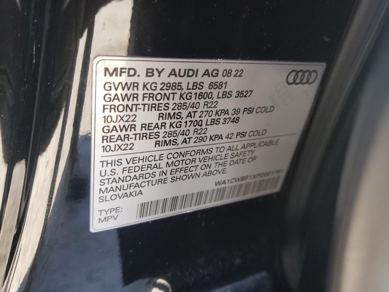 2023 AUDI SQ8 PRESTIGE VIN:WA1CWBF1XPD001791