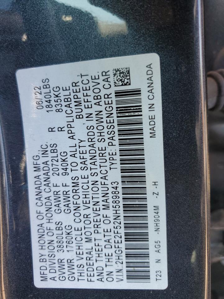 2022 HONDA CIVIC SPORT VIN:2HGFE2F52NH589843