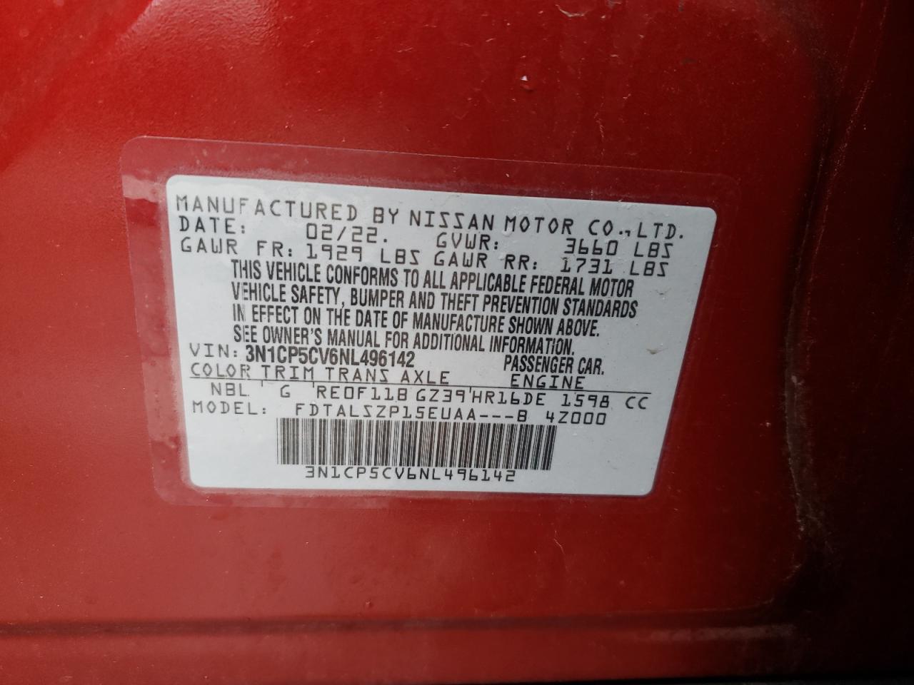 2022 NISSAN KICKS SV VIN:3N1CP5CV6NL496142