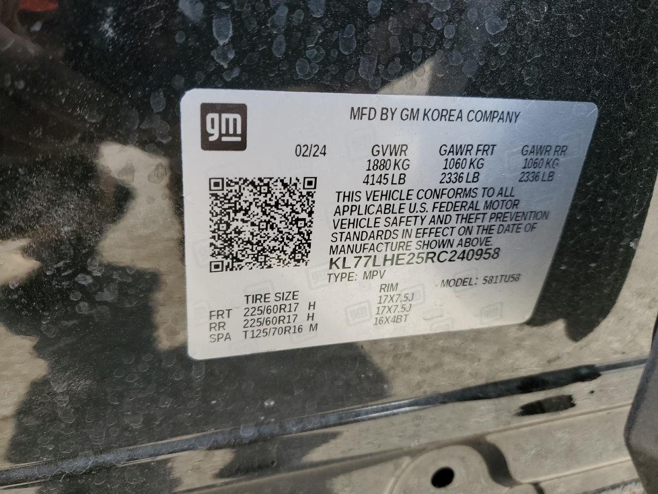 2024 CHEVROLET TRAX 1LT VIN:KL77LHE25RC240958