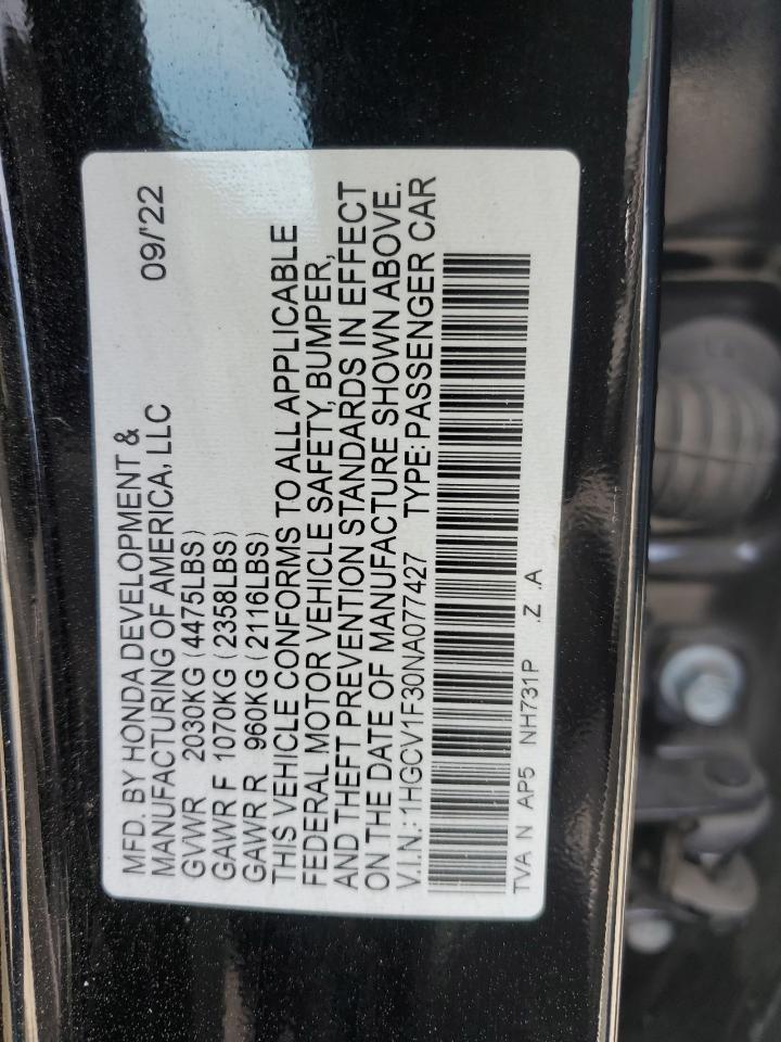 2022 HONDA ACCORD SPORT VIN:1HGCV1F30NA077427