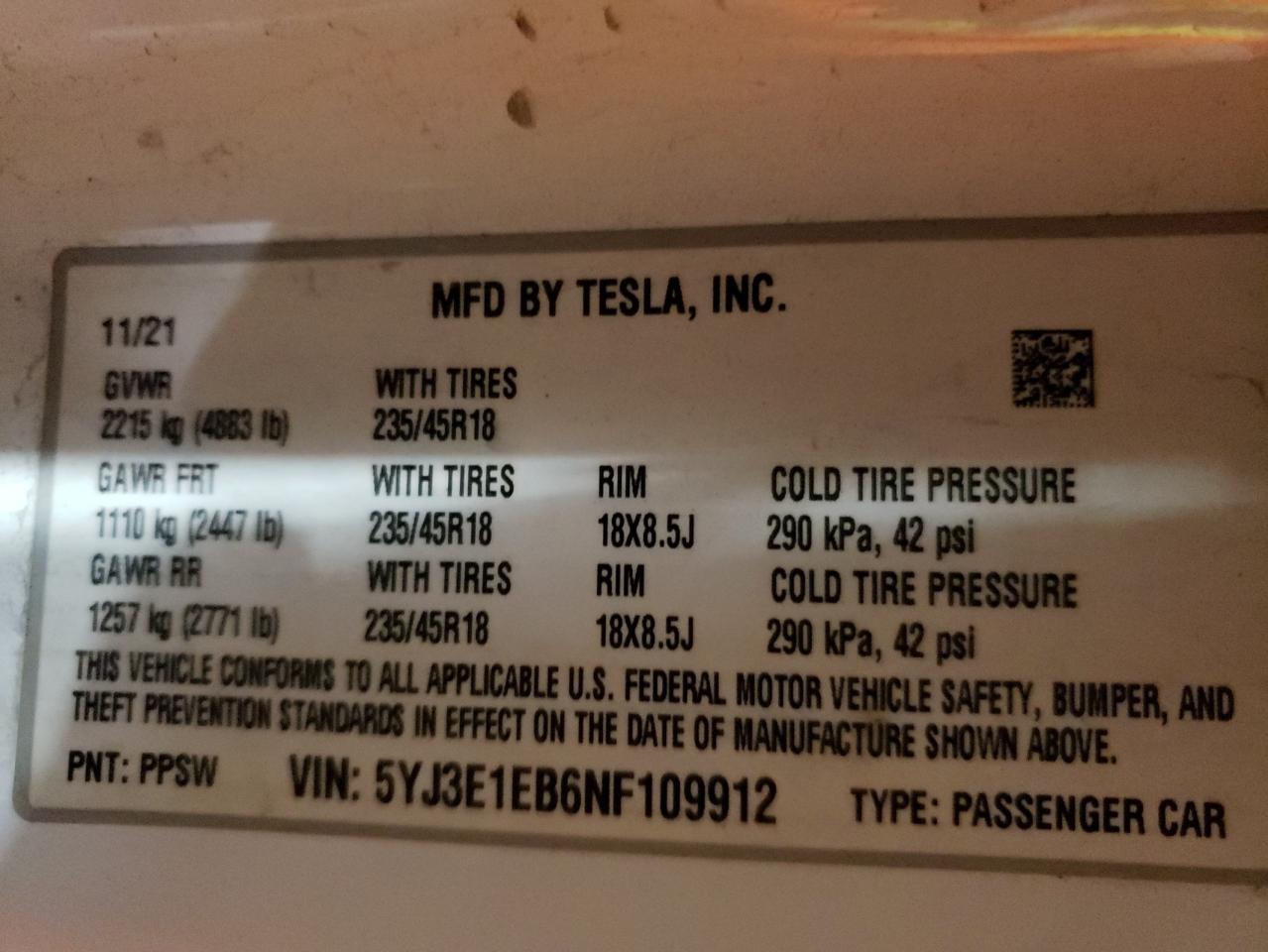 2022 TESLA MODEL 3  VIN:5YJ3E1EB6NF109912