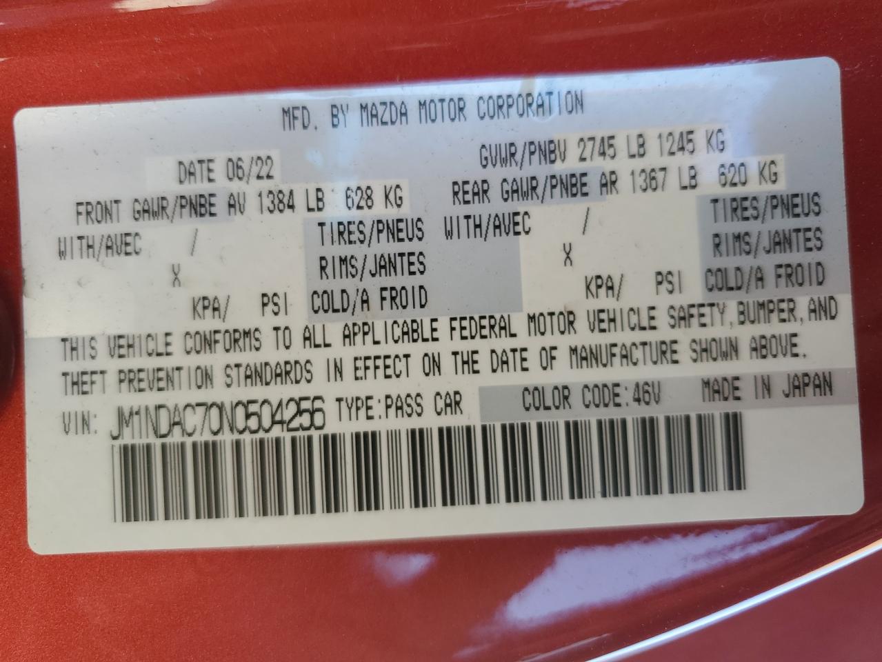 2022 MAZDA MX-5 MIATA CLUB VIN:JM1NDAC70N0504256