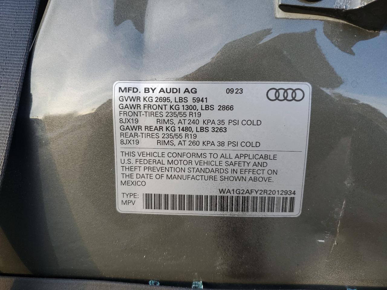 2024 AUDI Q5 E PREMIUM 55 VIN:WA1G2AFY2R2012934