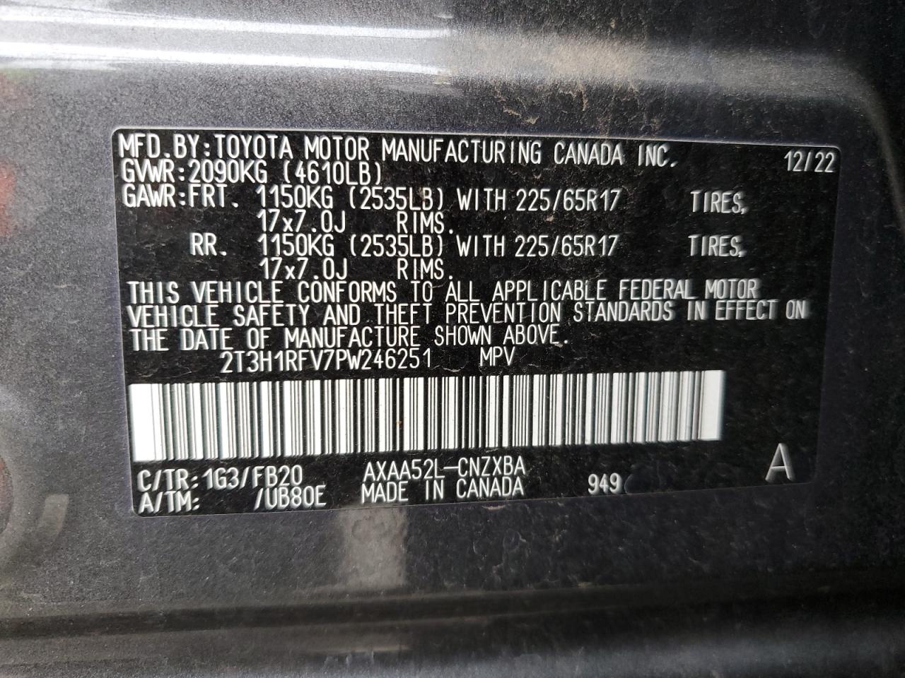 2023 TOYOTA RAV4 LE VIN:2T3H1RFV7PW246251