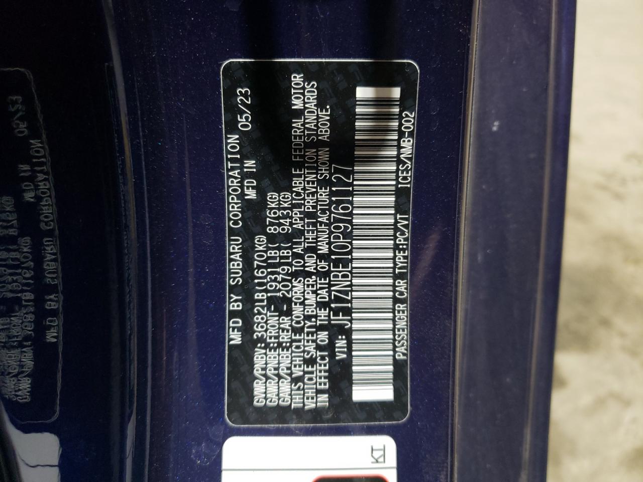 2023 TOYOTA GR 86 PREMIUM VIN:JF1ZNBE10P9761127
