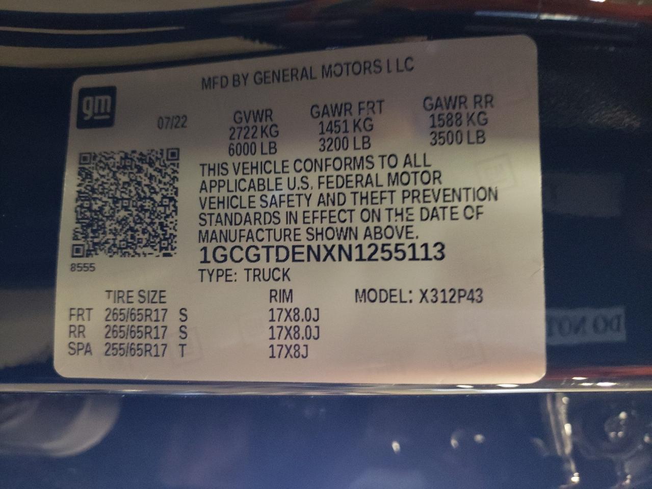 2022 CHEVROLET COLORADO Z71 VIN:1GCGTDENXN1255113