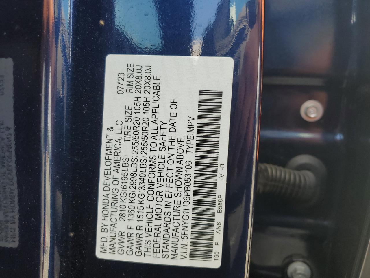 2023 HONDA PILOT SPORT VIN:5FNYG1H36PB053106