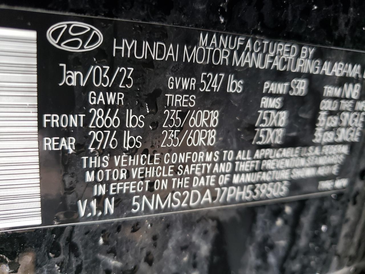 2023 HYUNDAI SANTA FE SEL VIN:5NMS2DAJ7PH539503