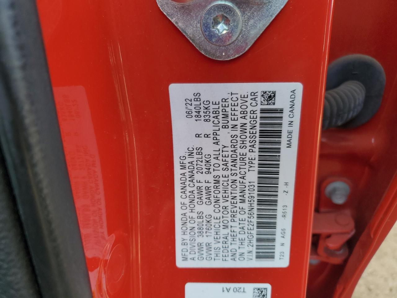 2022 HONDA CIVIC SPORT VIN:2HGFE2F56NH591031