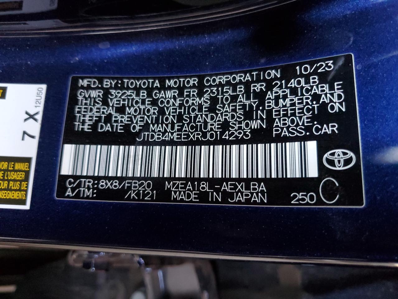 2024 TOYOTA COROLLA LE VIN:JTDB4MEEXRJ014293