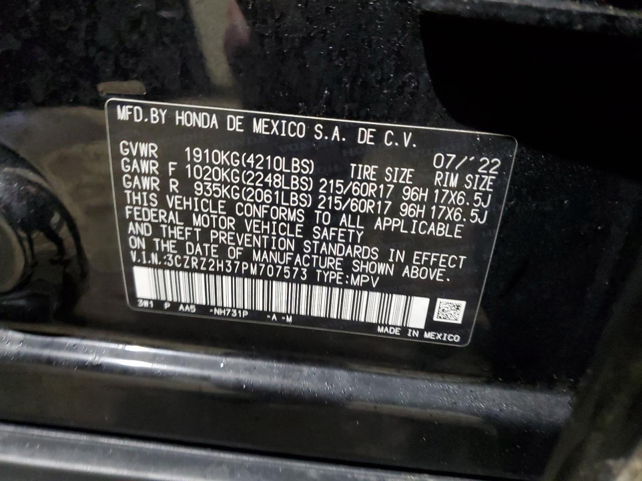 2023 HONDA HR-V LX VIN:3CZRZ2H37PM707573