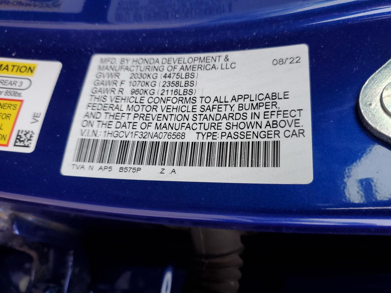 2022 HONDA ACCORD SPORT VIN:1HGCV1F32NA076568