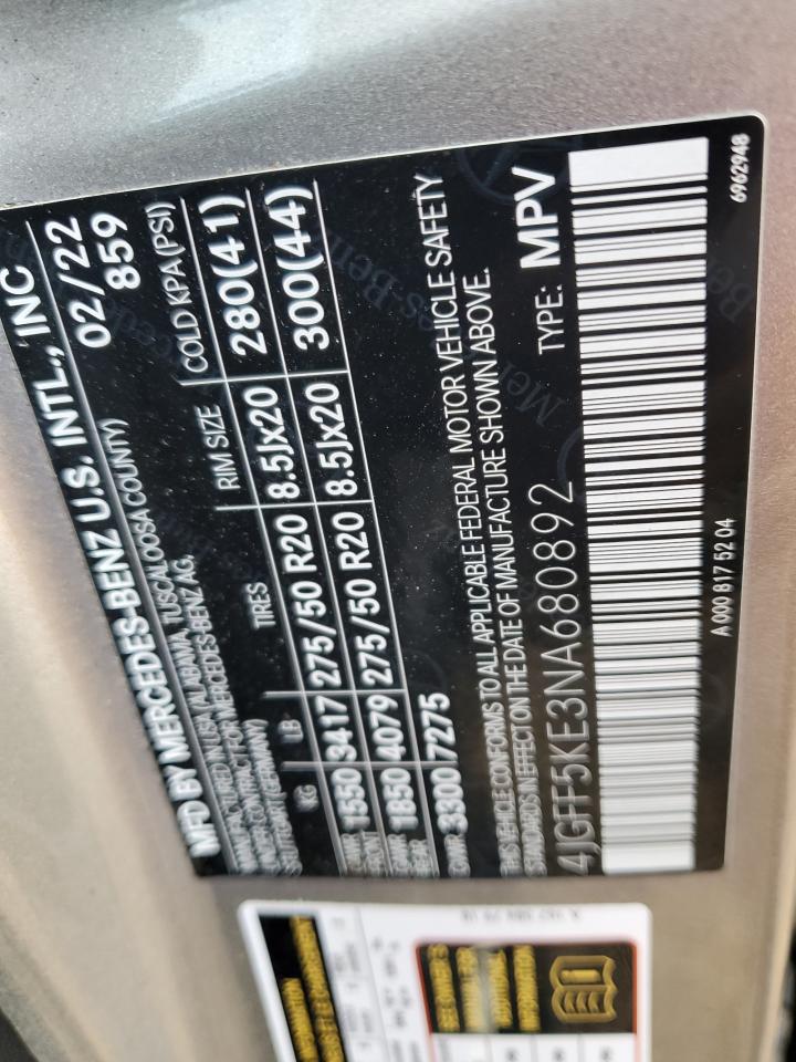 2022 MERCEDES-BENZ GLS 450 4MATIC VIN:4JGFF5KE3NA680892