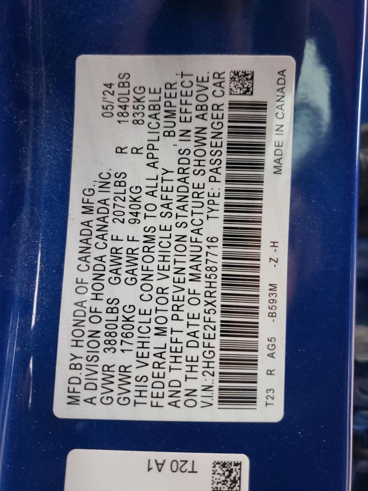 2024 HONDA CIVIC SPORT VIN:2HGFE2F5XRH587716