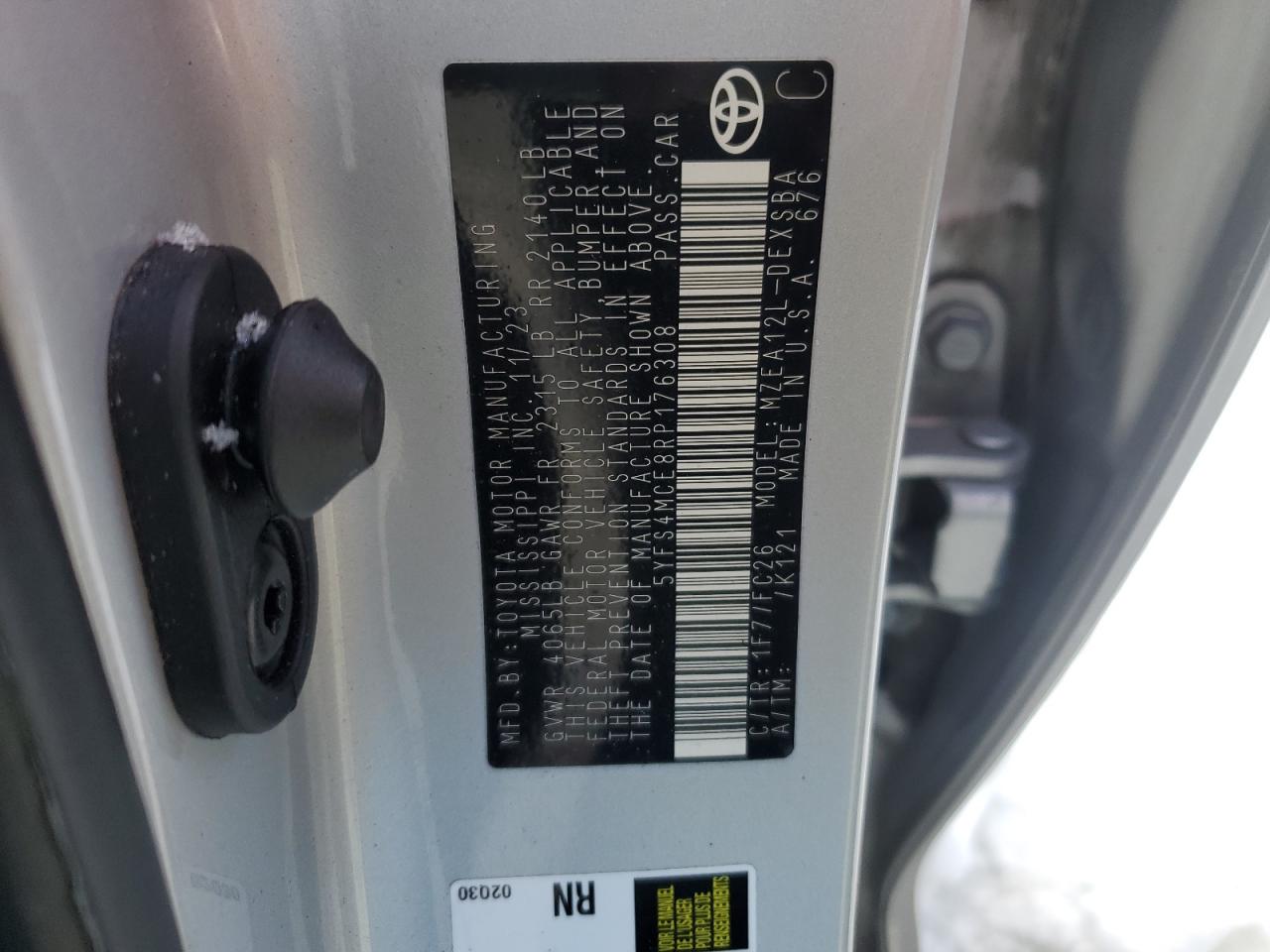2024 TOYOTA COROLLA SE VIN:5YFS4MCE8RP176308