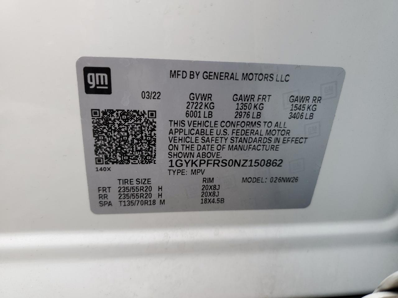 2022 CADILLAC XT6 PLATINUM PREMIUM LUXURY VIN:1GYKPFRS0NZ150862