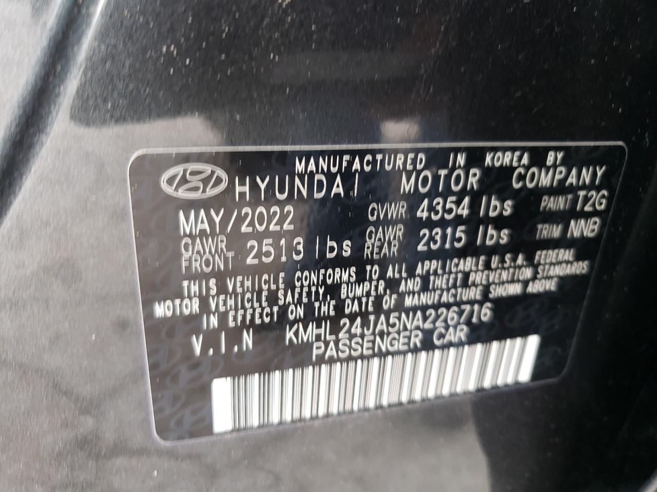 2022 HYUNDAI SONATA SE VIN:KMHL24JA5NA226716