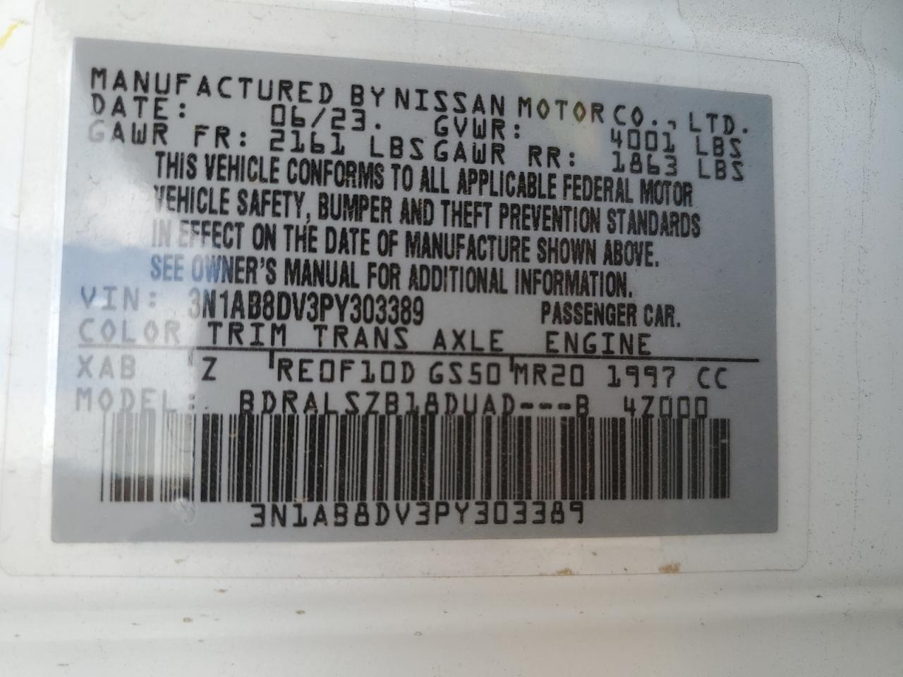 2023 NISSAN SENTRA SR VIN:3N1AB8DV3PY303389