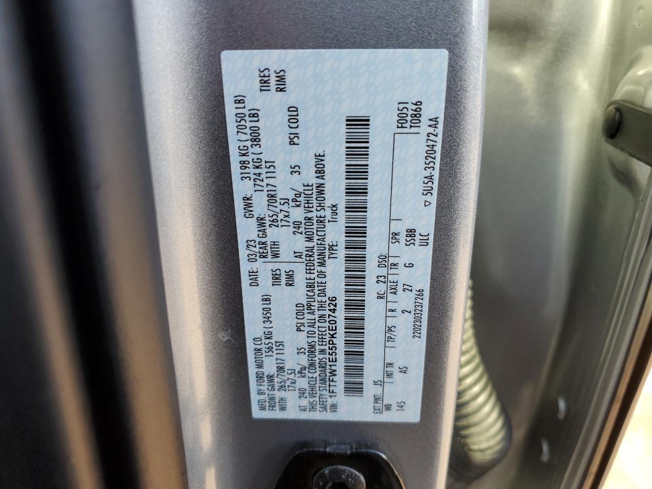 2023 FORD F150 SUPERCREW VIN:1FTFW1E55PKE07426
