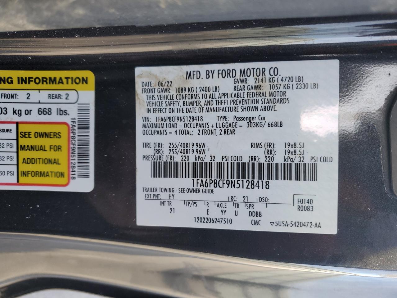 2022 FORD MUSTANG GT VIN:1FA6P8CF9N5128418