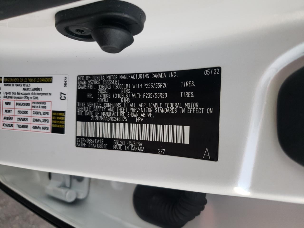 2022 LEXUS RX 350 VIN:2T2HZMAA5NC248325