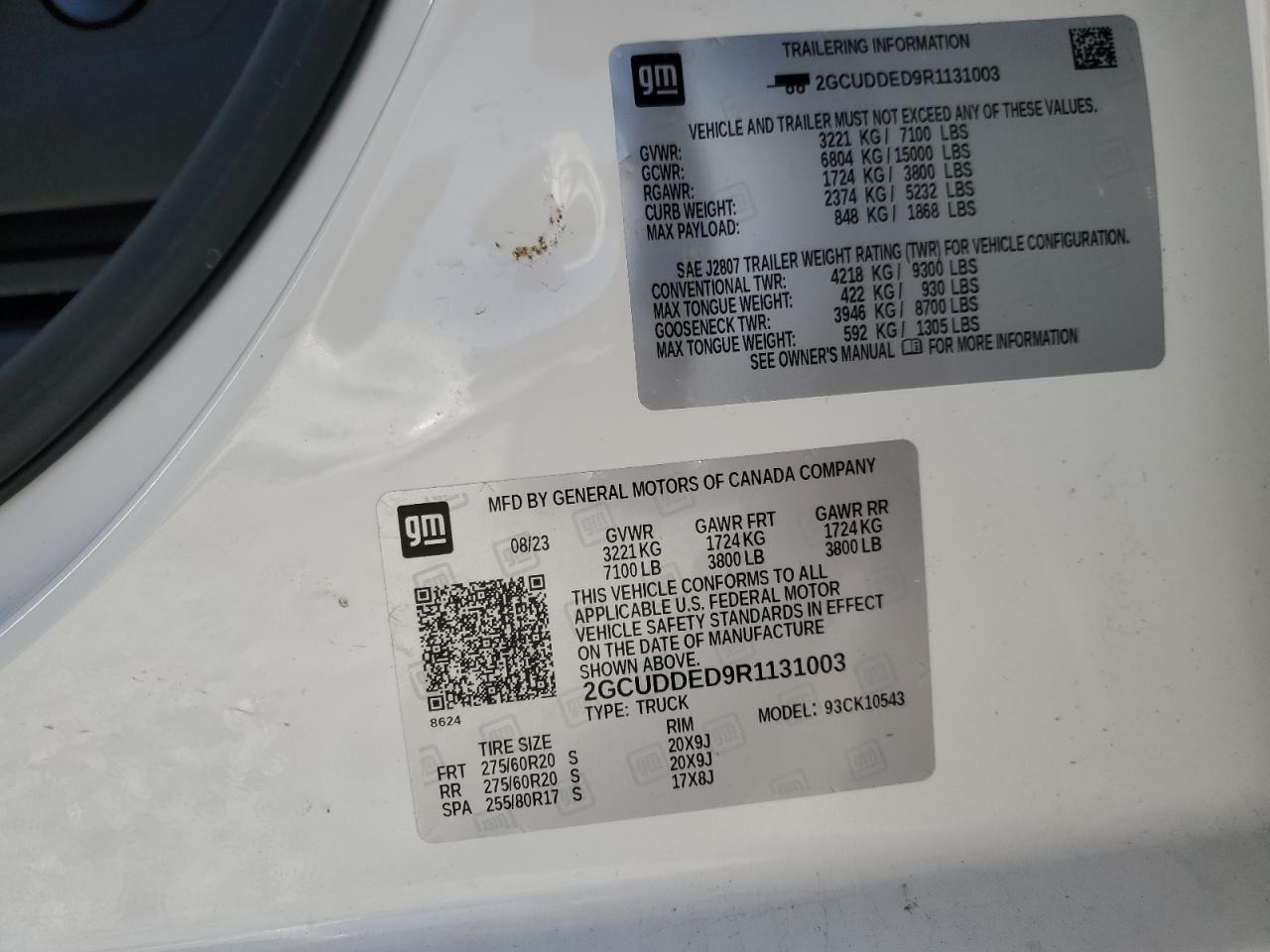 2024 CHEVROLET SILVERADO K1500 LT VIN:2GCUDDED9R1131003