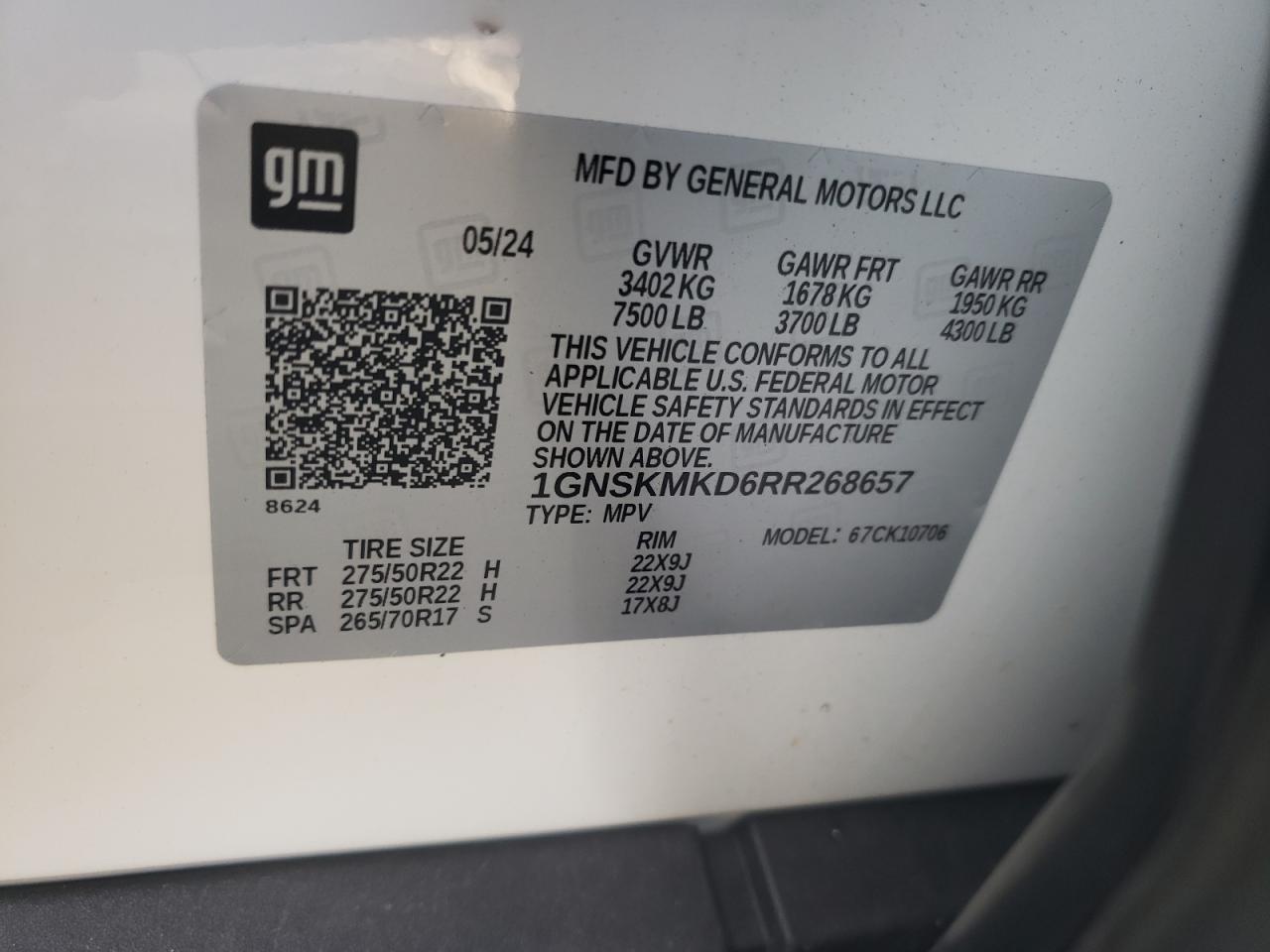 2024 CHEVROLET TAHOE K1500 LS VIN:1GNSKMKD6RR268657