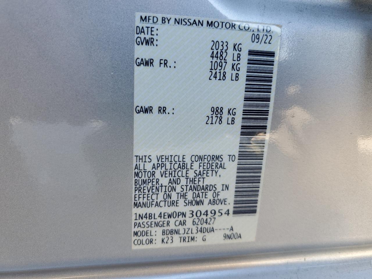 2023 NISSAN ALTIMA SL VIN:1N4BL4EW0PN304954