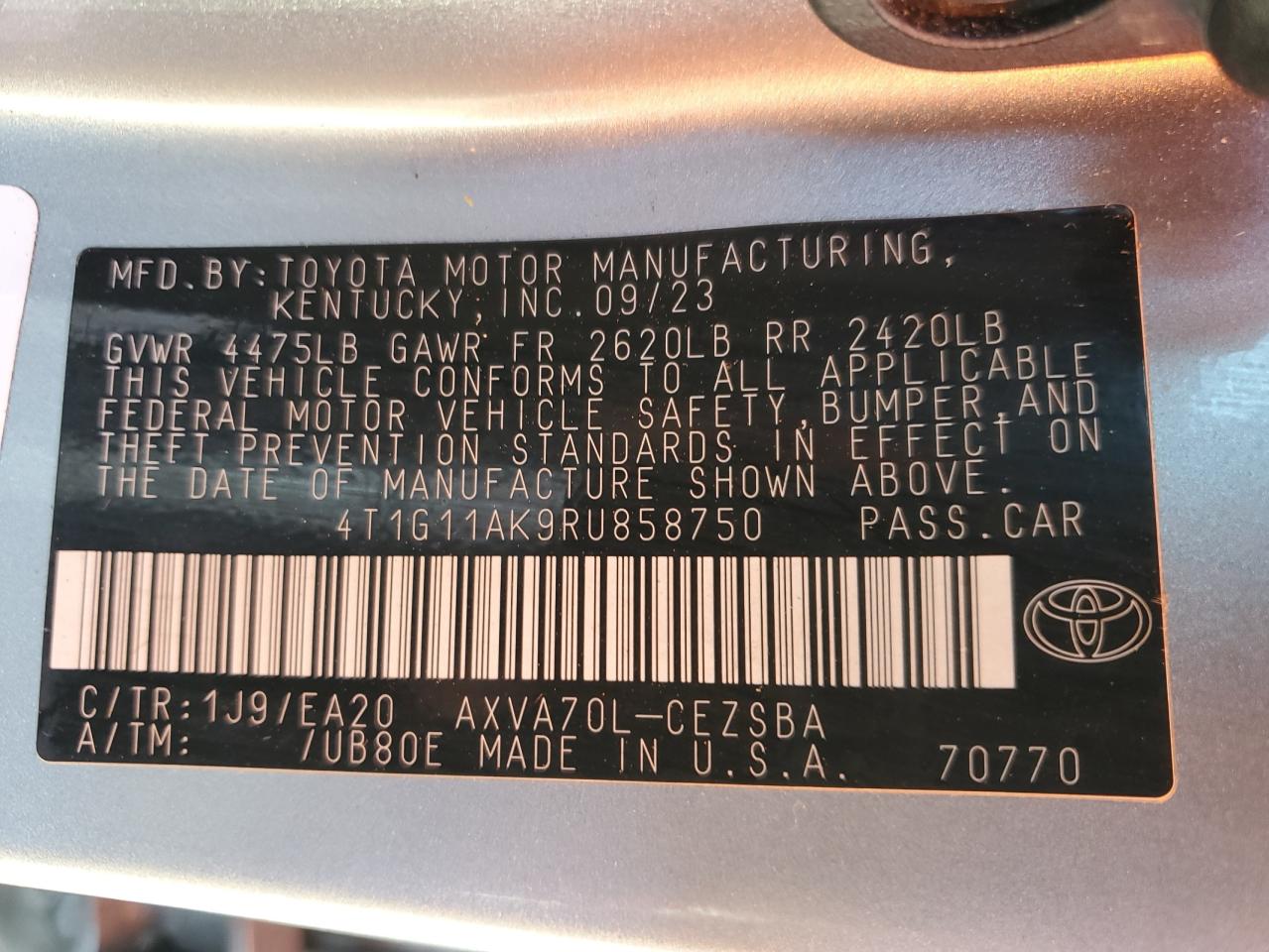 2024 TOYOTA CAMRY SE NIGHT SHADE VIN:4T1G11AK9RU858750