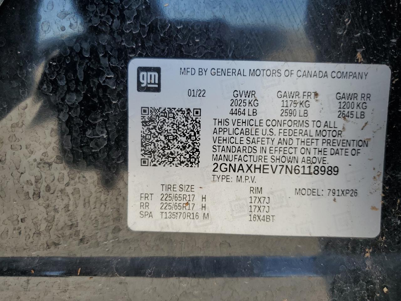 2022 CHEVROLET EQUINOX LS VIN:2GNAXHEV7N6118989