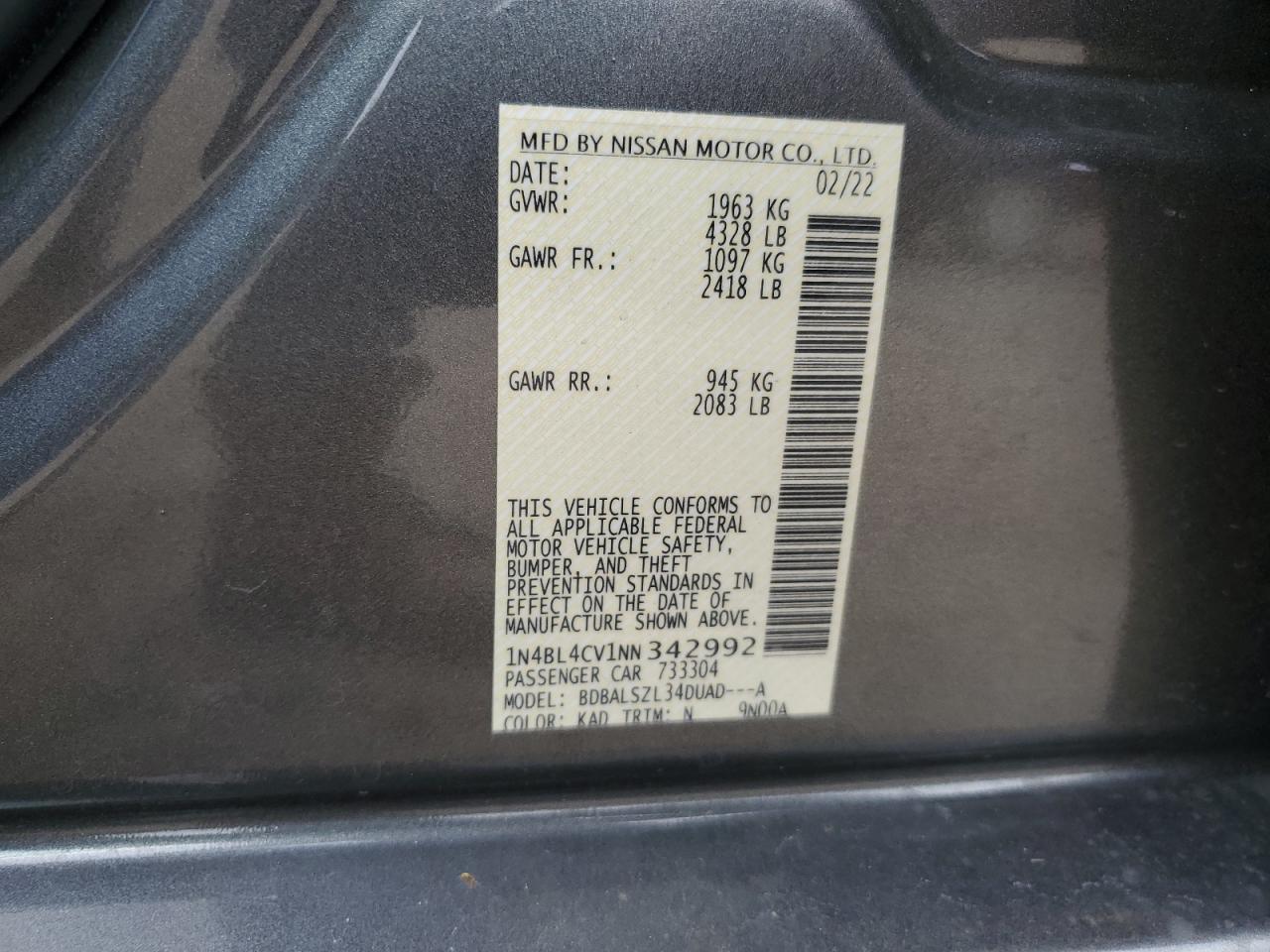 2022 NISSAN ALTIMA SR VIN:1N4BL4CV1NN342992