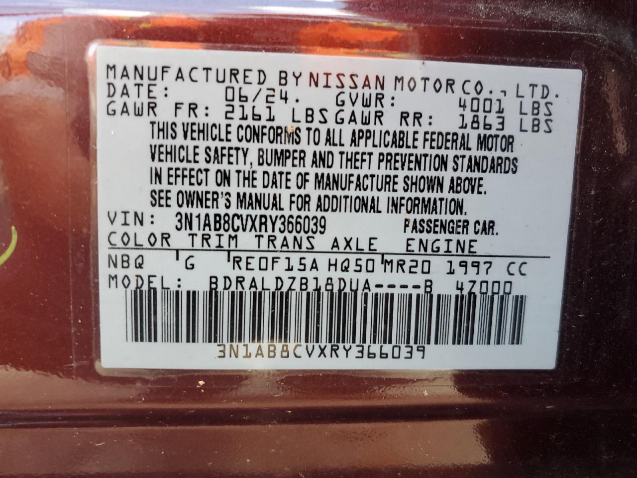 2024 NISSAN SENTRA SV VIN:3N1AB8CVXRY366039