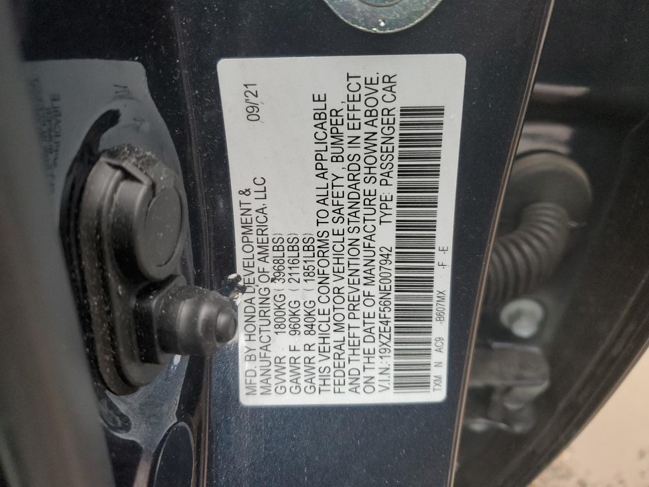 2022 HONDA INSIGHT EX VIN:19XZE4F56NE007942