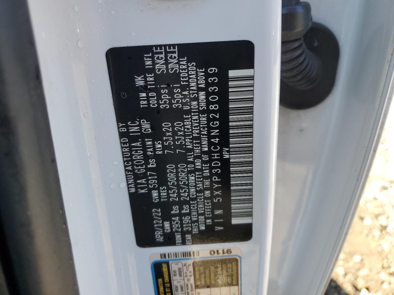 2022 KIA TELLURIDE EX VIN:5XYP3DHC4NG280339